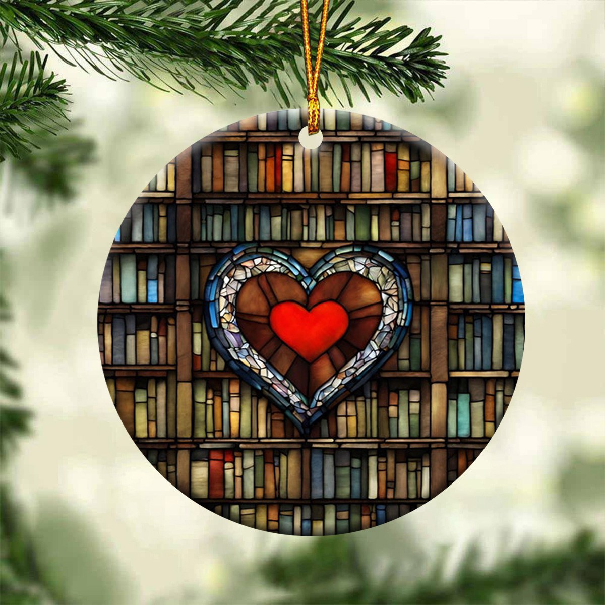 Heart Bookshelf Ceramic Christmas Ornament - Unique Book Lover Gift