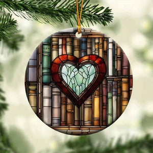 Heart Bookshelf Ceramic Christmas Ornament - Unique Book Lover Gift