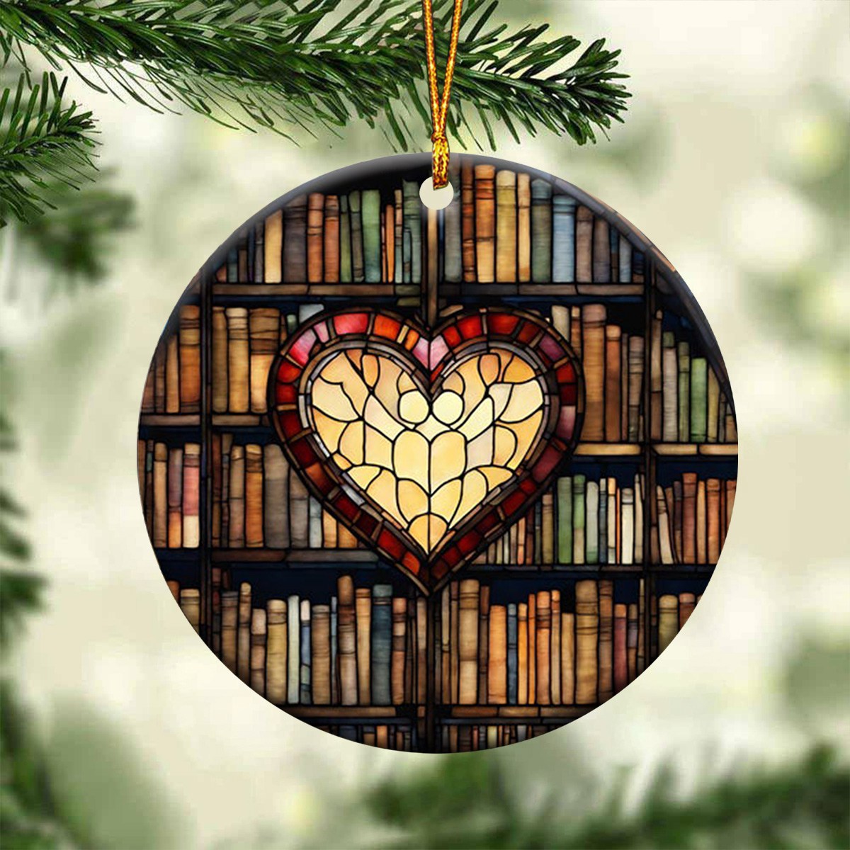 Heart Bookshelf Ceramic Christmas Ornament - Unique Book Lover Gift