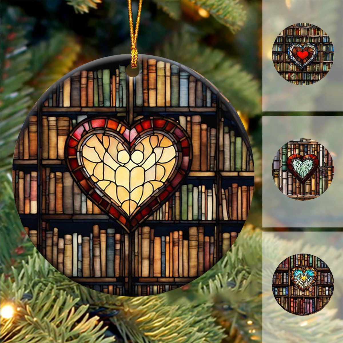 Heart Bookshelf Ceramic Christmas Ornament - Unique Book Lover Gift